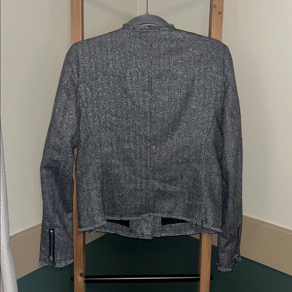 MNG Mango Gray Metallic Tweed Moto Asymmetrical Zip Fringe Blazer Jacket Size S - Picture 4 of 4